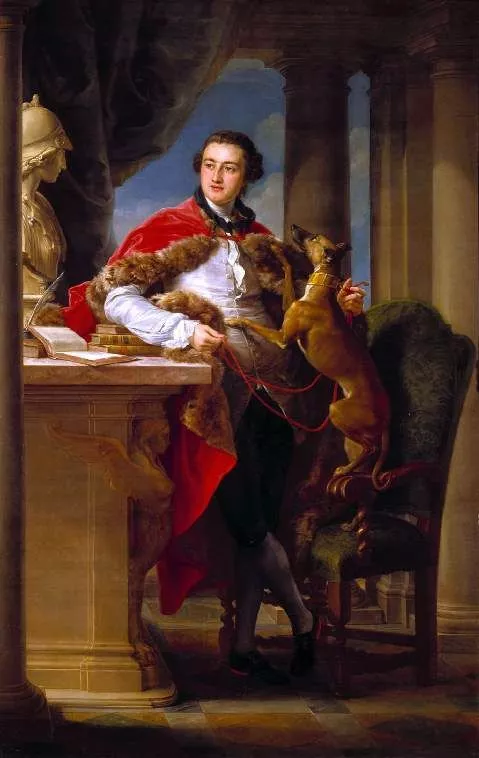 Oljemålning av en man och hans Whippet, daterad år 1758