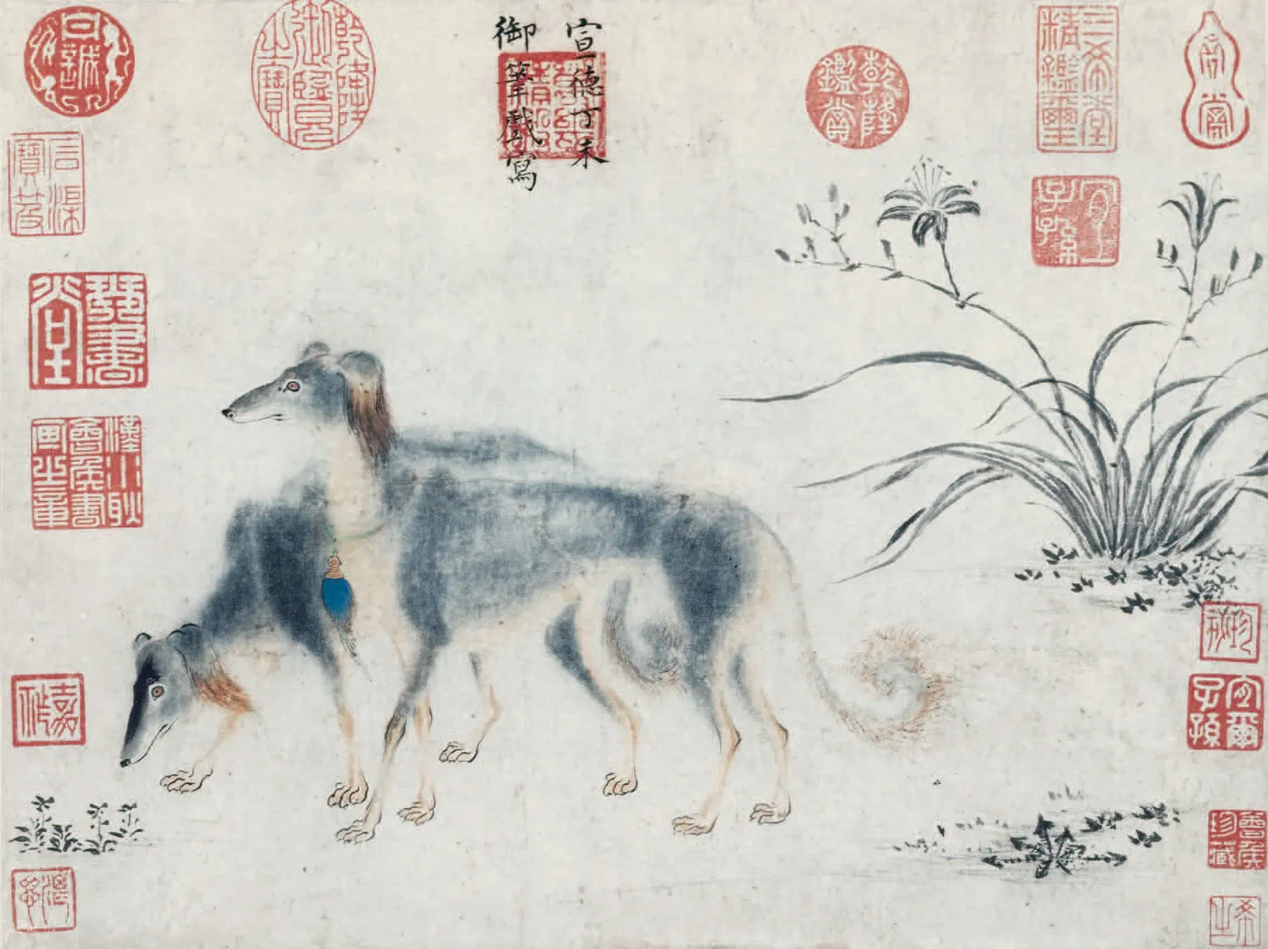 En målning av kejsaren av Kina som visar två Saluki som strövar omkring